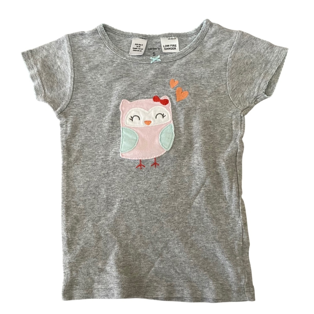 Carters Girls Gray Owl Heart Applique Short Sleeve T Shirt Size 5